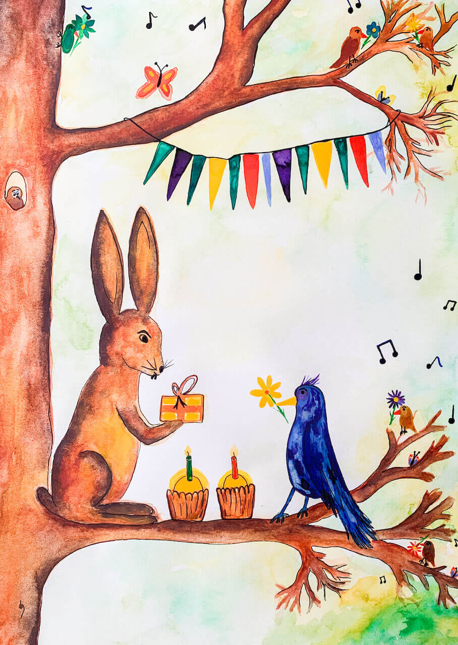 Een feestje in een boom met konijn en merel en 2 cupcakejes en slingers