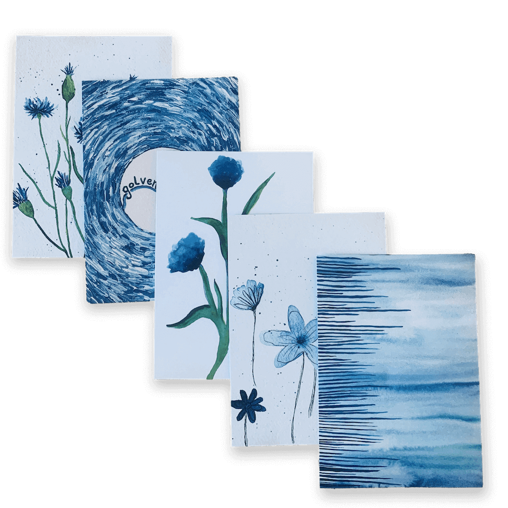 5 kaarten in blauw tinten
