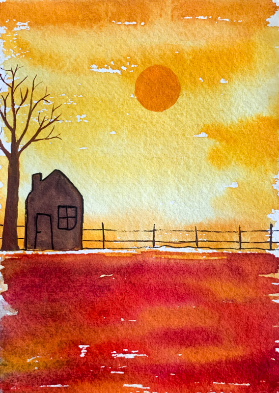gouden zon, tiny house, herfst, rood, aquarel