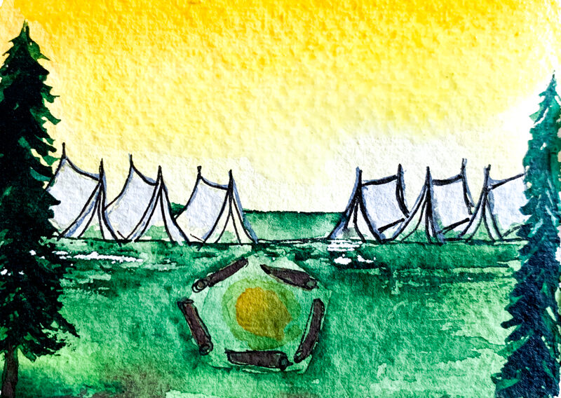 tenten, kamp, kamperen, tent, aquarel, zomer