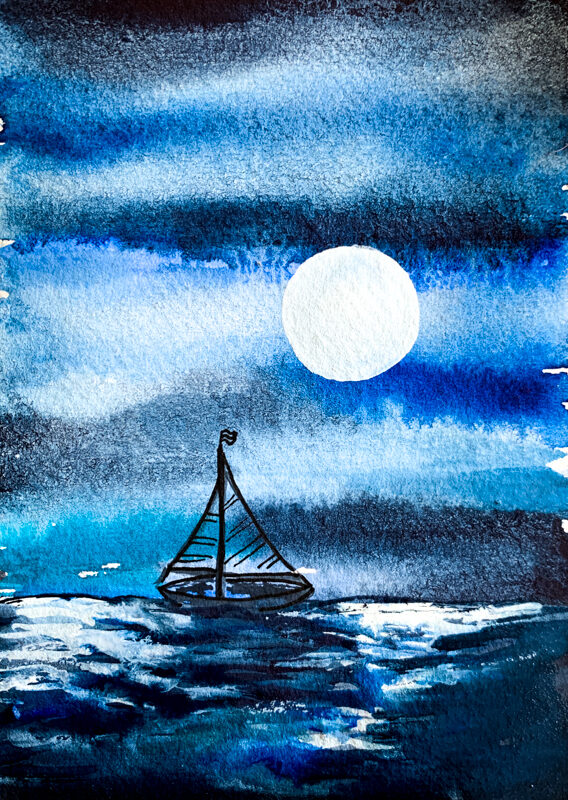 volle maan, zeilen, blauw, aquarel