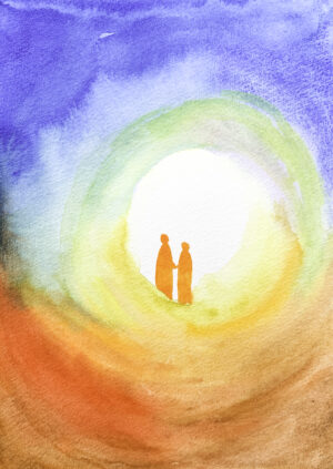 Samen, in het licht, regenboogkleuren, handgemaakt, wenskaart, aquarel