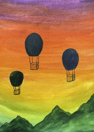 luchtballonnen, ondergaande zon, wenskaart, handgemaakt, aquarel