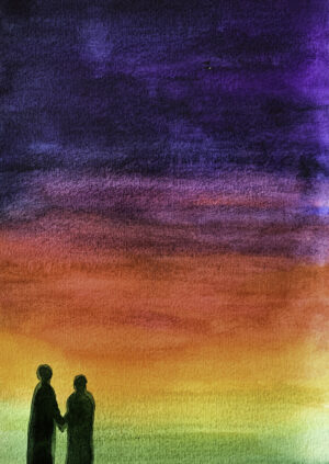 Samen, aquarel, tweetal, handgemaakt, wenskaart, hand in hand