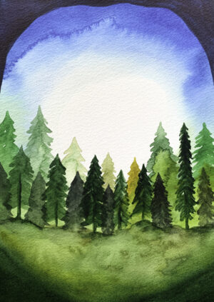 Dennen, bomen, aquarel, handgemaakt, wenskaart