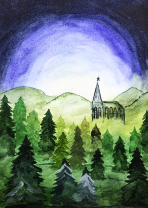 Kerktoren, aquarel, handgemaakt, wenskaart, groen, bomen