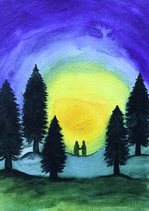 samen, aquarel, hand in hand, wenskaart, handgemaakt, bomen, ondergaande zon