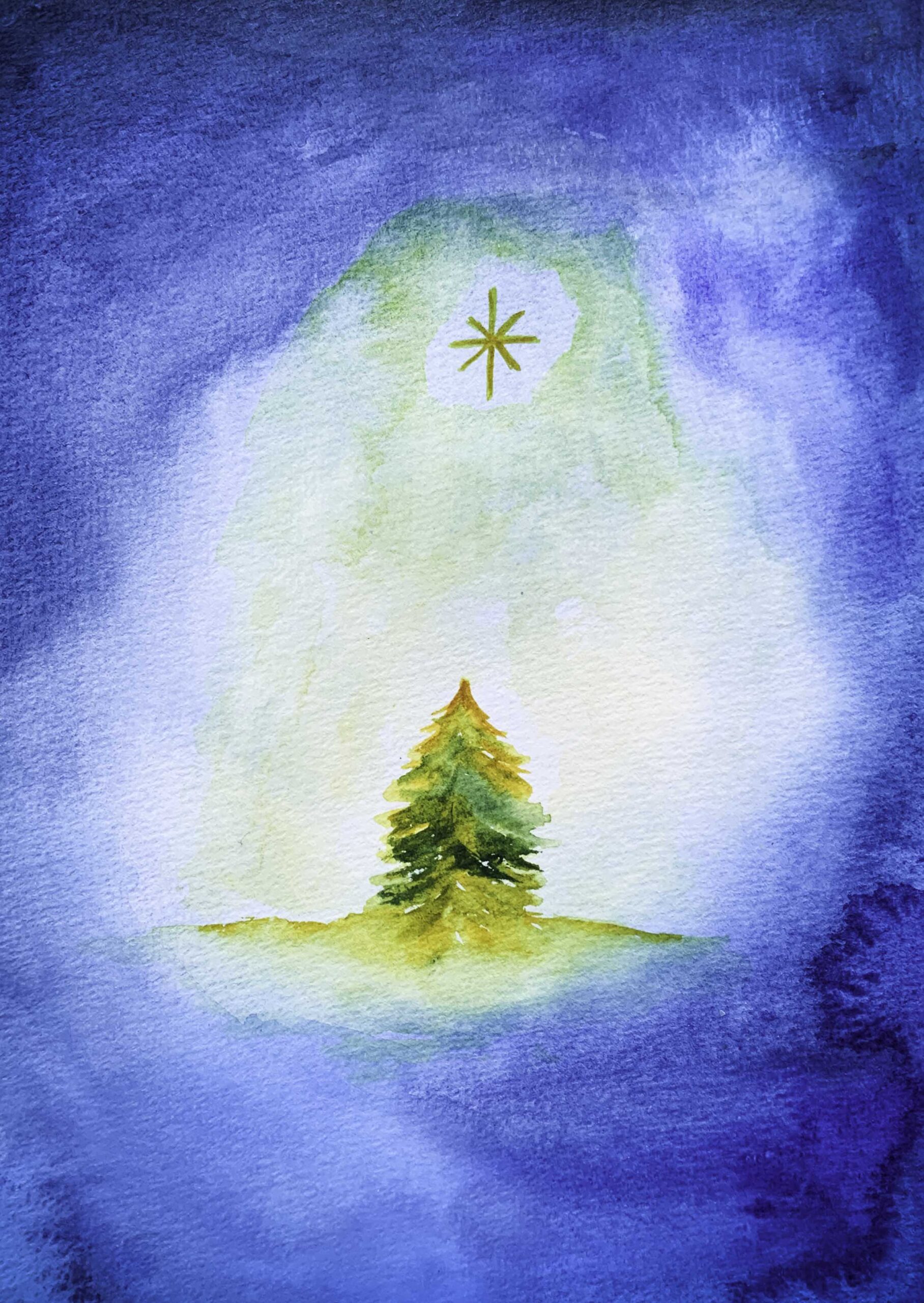 kerstnacht, winternacht, aquarel, marina elisa, blauw, handgemaakt, wenskaart